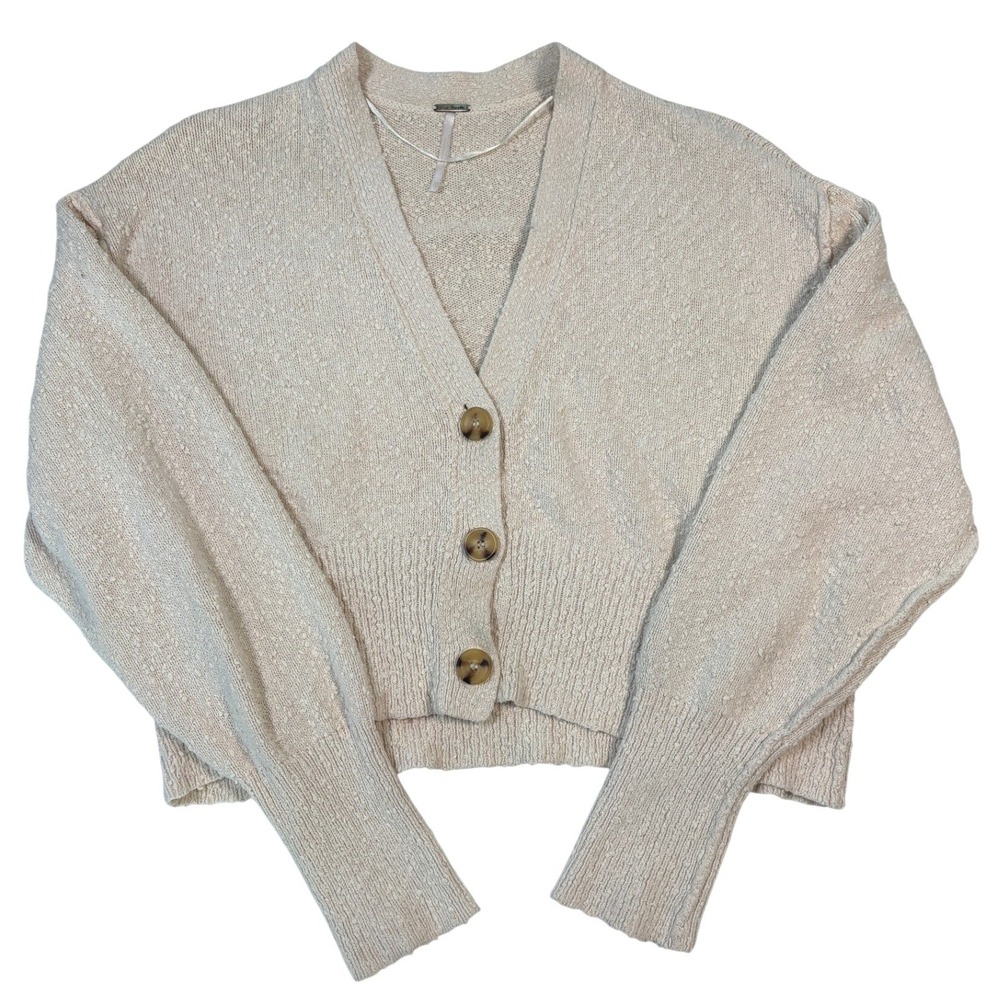 Free People Cropped Cardigan Sweater Cream Beige Textured Knit V-Neck OB1329716